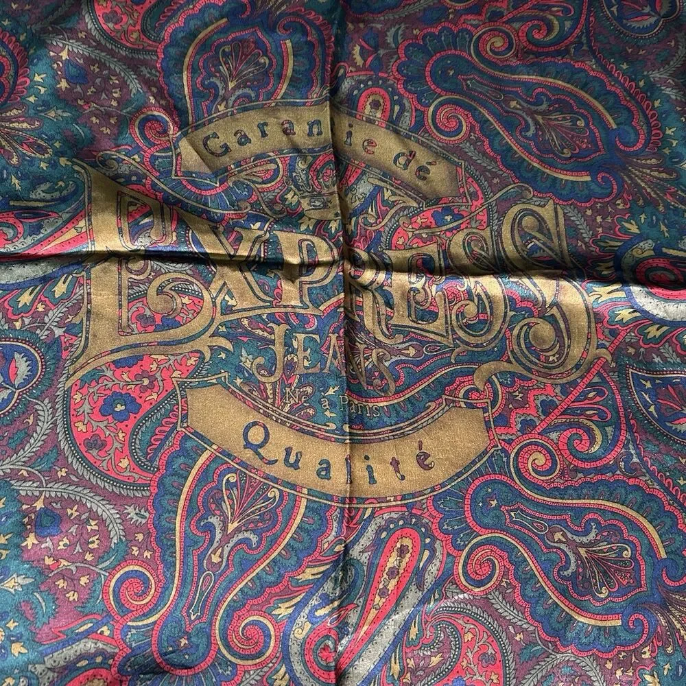 VTG Express silk scarf featuring a red and blue paisley pattern